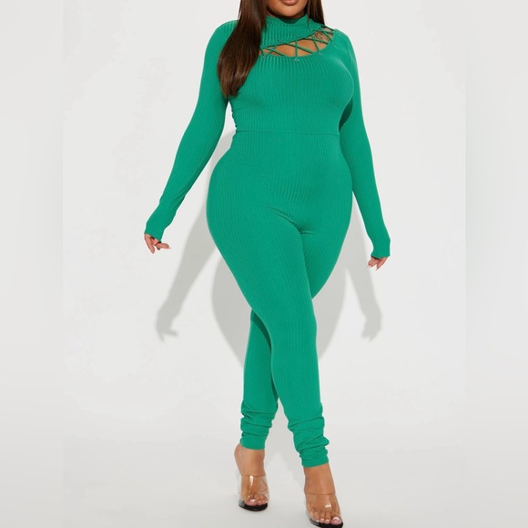 Ribbed Jumpsuit- Green - Picture 2 of 3
